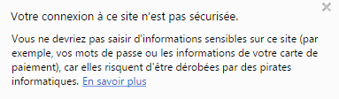 message de Google Chrome pour connexion d'un site non sécurisée